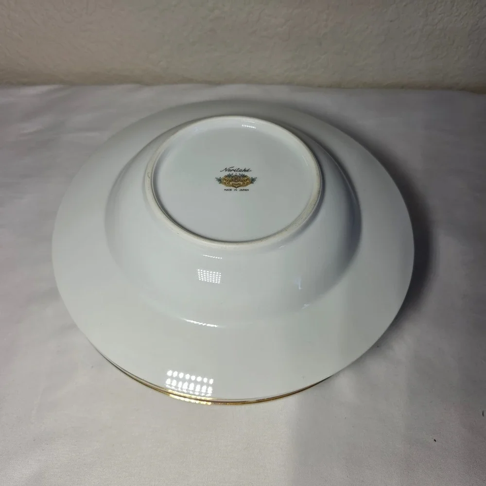 Set of 4 Noritake Japan Soup Bowls Pink Floral Gold Scroll Cream 9 Inch Rimmed